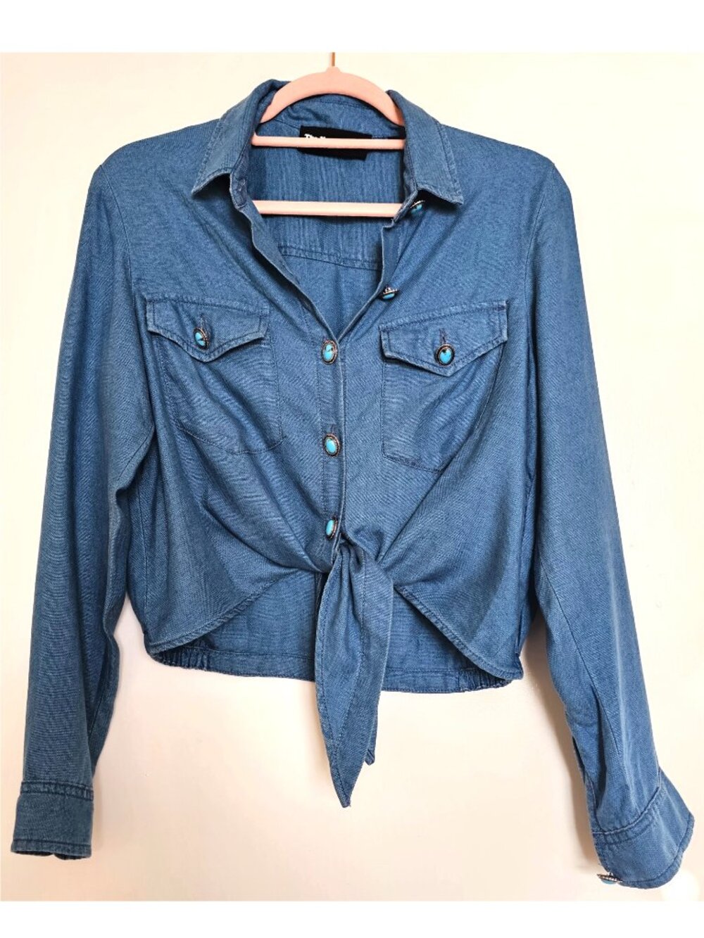 The Kooples Lyocell Western Turquoise Button Down Crop Shirt w Ties 2 XS Blue